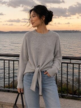 Women’s Gray Tie-Front Ribbed Sweater